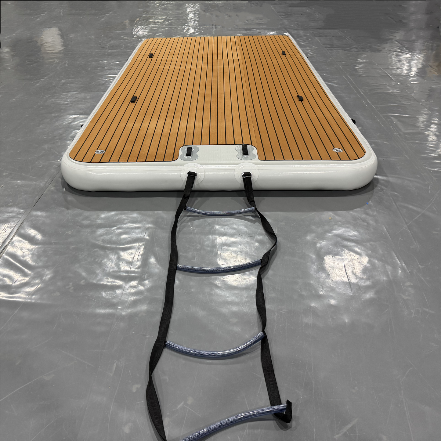 Outdoor Inflatable Swim Island Floating Raft Dock,DWF Teak Grain Non-Slip Surface, Water Dock Platform with Ladder and Pump