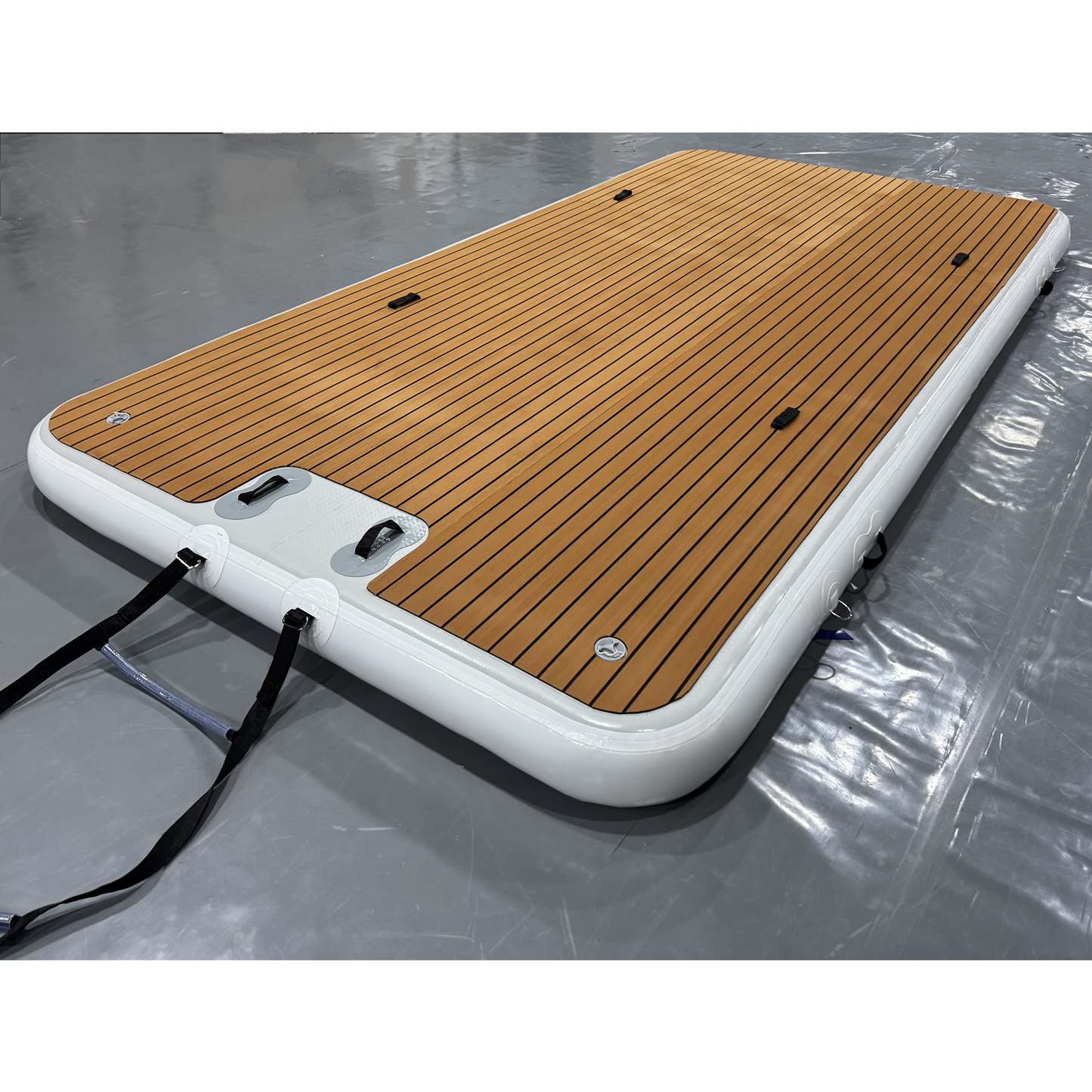 Outdoor Inflatable Swim Island Floating Raft Dock,DWF Teak Grain Non-Slip Surface, Water Dock Platform with Ladder and Pump