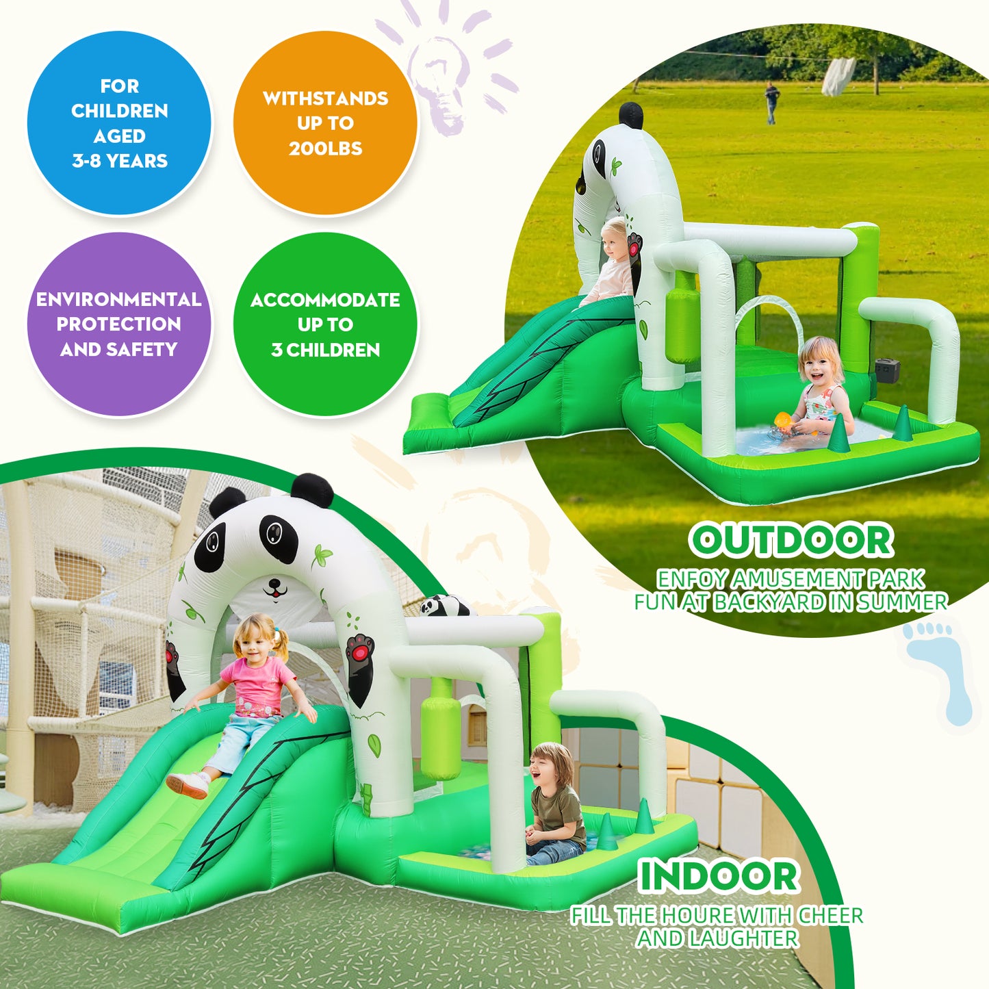 7-in-1 Panda Theme Inflatable Bounce House with Double Slides – Perfect for Indoor & Outdoor Fun for Boys and Girls